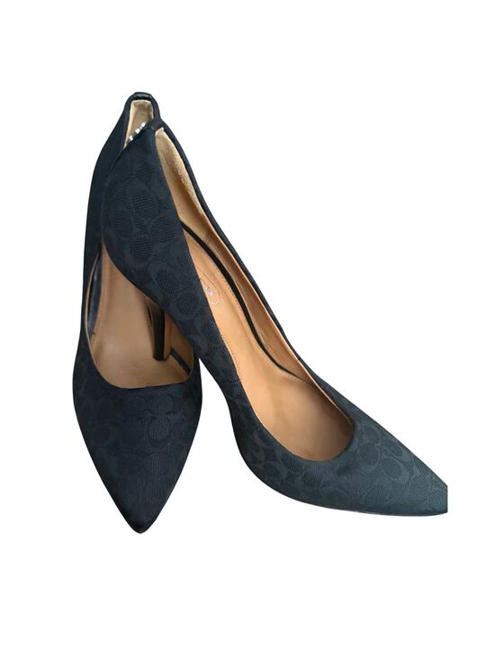 Coach Shoes - Coach Black Pointed Toe Heels Size 5.5 B Logo Fabric Kitten Heel Women Flaw